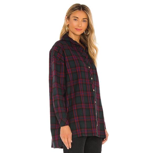 Lovers and Friends Gela Green Red Plaid Flannel Boyfriend Button Down Shirt M - Picture 2 of 10